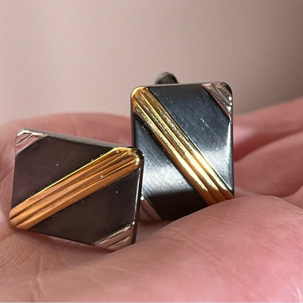 Vintage 1960 70 MCM Mod Art Deco Silver Black gold Mobking oversized Cufflinks